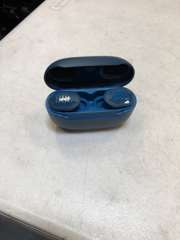 Photo 2 of JBL Endurance Race Waterproof True Wireless Active Sport Earbuds, with Microphone, 30H Battery Life, Comfortable, dustproof, Android and Apple iOS Compatible (Blue)(missing charging cable)
