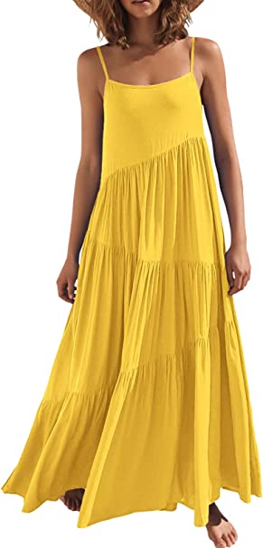 Photo 1 of ANRABESS Women’s Summer Casual Loose Sleeveless Spaghetti Strap Asymmetric Tiered Beach Maxi Long Dress White Medium