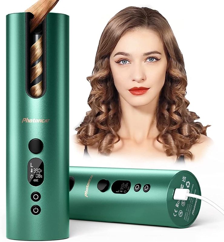 Photo 1 of Auto Curling Iron, Photoncat Cordless Hair Curlers with 6 Temps & Timers, Rechargeable Ceramic Barrel Beach Waver Curling Wand, Fast Heating Hair Crimpe Tools for Hair Styling, Green
