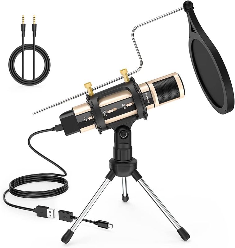 Photo 1 of ZealSound Studio Recording Microphone, Condenser Broadcast Microphone w/Stand Built-in Sound Card Echo Recording Karaoke Singing for Phone Computer PC Garageband Smule Live Stream & YouTube (Gold)

