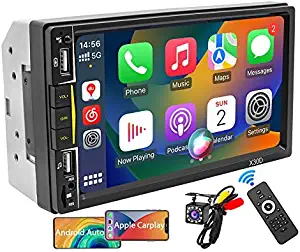 Photo 1 of 7 Inch Double Din Car Stereo with Apple CarPlay and Android Auto, HD CLD Touchscreen Radio with 2 USB Ports Bluetooth 5.0 and 12LED Backup Camera, Phone Mirror-Link Multimedia Car Audio Receiver
