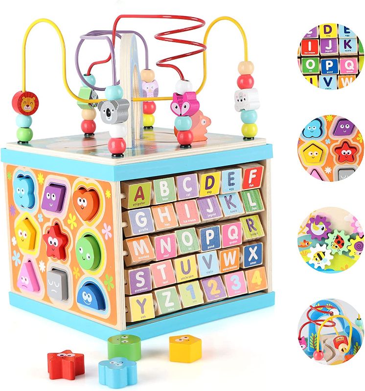 Photo 1 of Garlictoys Wooden Activity Cube for 1 2 3 Year Old Kids,5 in 1 Multipurpose ABC-123 Abacus Bead Maze Shape Sorter
