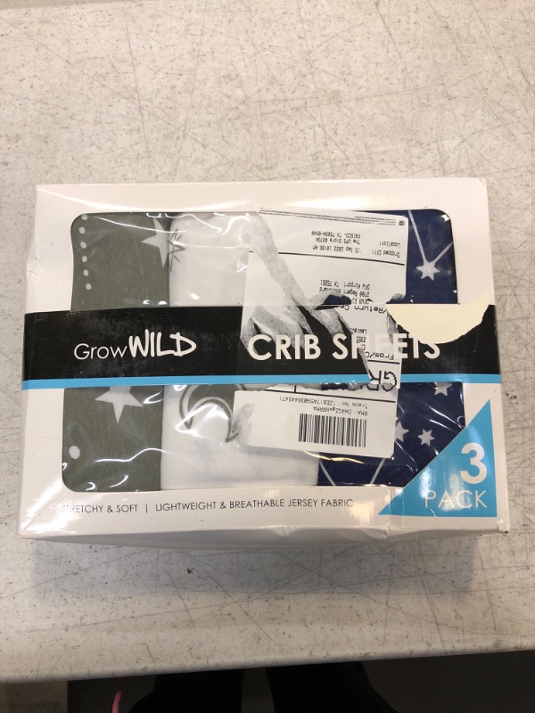 Photo 1 of GROW WILD Crib Sheets for Boys or Girls | 3 Pack Soft Stretchy Jersey Cotton Fitted Crib Sheet Neutral | Grey White Navy Blue Baby Crib Sheets for Girl, Crib Mattress Sheet or Toddler Bed Sheets