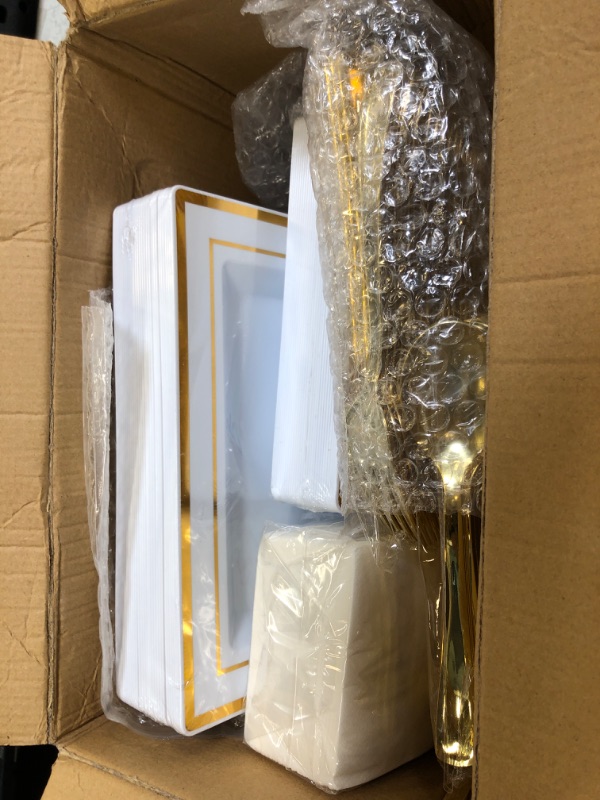 Photo 1 of 210PCS Gold Dinnerware Set 30 Guest,Gold Party Supplies,60 Gold Rim Plastic Plates-30 Gold Plastic Silverware-30 Plastic Cups-30 Linen Like Paper Napkins for Graduation, Birthday, Cocktail Party-Gold