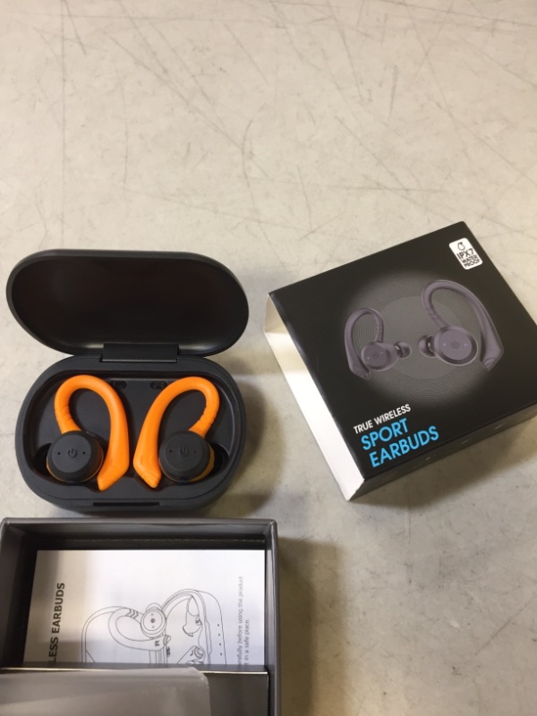 Photo 2 of Coucur Wireless Earbuds, Bluetooth 5.1 Sport Headphones in Ear with Detachable Earhooks, Bluetooth Earbuds with Immersive Sound, Wireless Headphones with Mic, IP7 Waterproof Earphones, Headset Orange