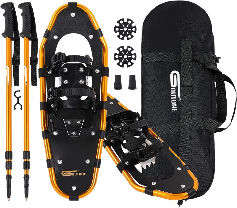 Photo 1 of Goutone 30 Inches Light Weight Snowshoes with Poles for Women Men Youth Kids, Aluminum Terrain Snow Shoes with Adjustable Trekking Poles and Carrying Tote Bag. COLOR GOLD