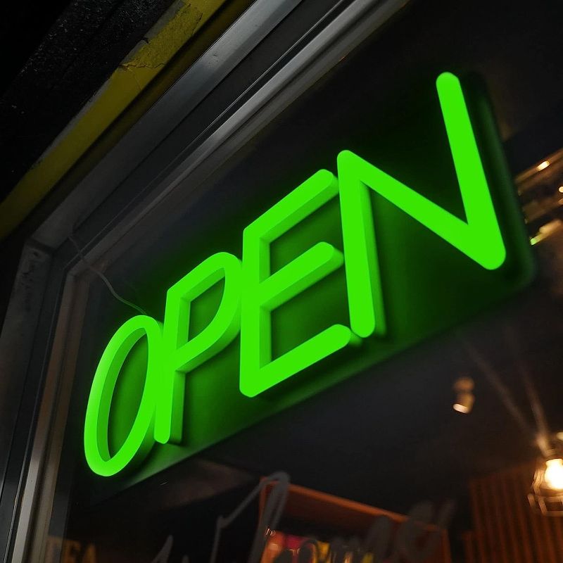 Photo 1 of HiNeon Green Neon Open Sign 20inx7in LED Open Sign w/ Remote Controller, Electric Light Up Open Sign for Business Store, w/ Hanging Chain for Shop Windows, Direct Plug-In w/ 12V Power Adapter