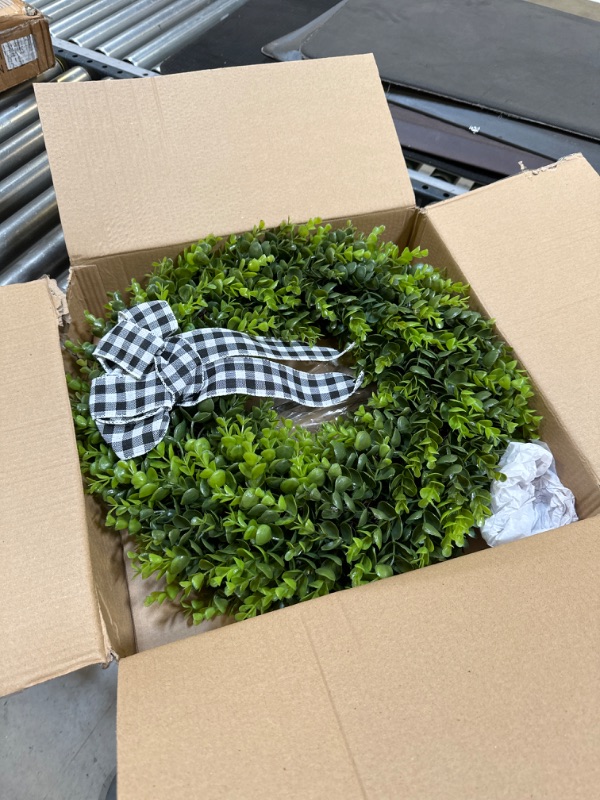 Photo 2 of 20" Faux Round Boxwood Wreath, Vlorart Artificial Boxwood Wreath Front Door Wreaths Artificial Spring Summer Greenery Hanging with A Plaid Bow for Front Door Wall Hanging Window Wedding Party Decor 20inch