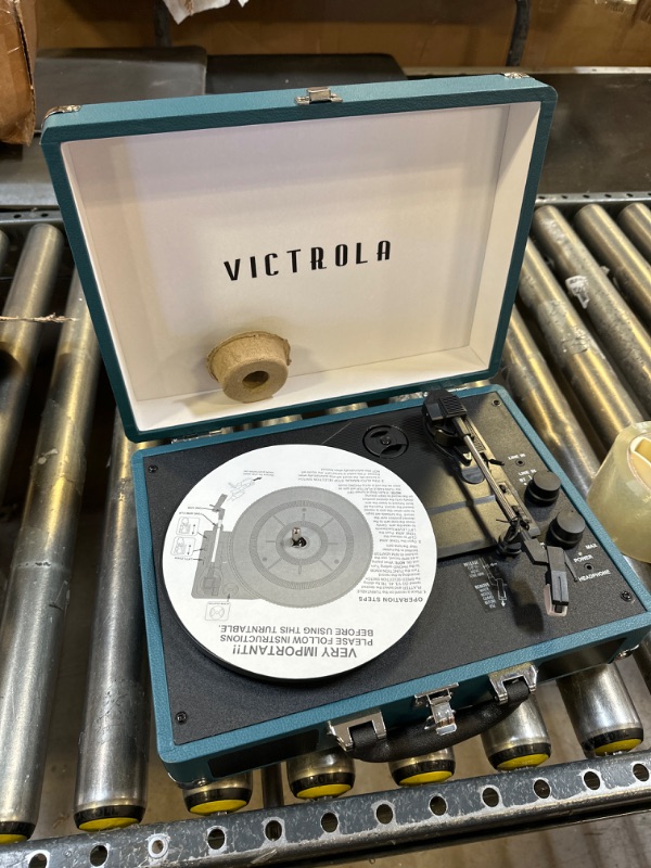Photo 2 of Victrola Vintage 3-Speed Bluetooth Portable Suitcase Record Player with Built-in Speakers | Upgraded Turntable Audio Sound | Blue Coral Blue Coral Record Player