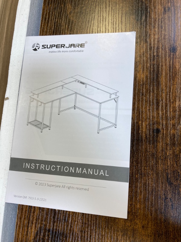 View 3 of SUPERJARE L Shaped Gaming Desk with Power Outlets & LED Lights, Computer Desk with Monitor Stand & Storage Shelf, Home Office Desk Corner Desk with Hooks, Rustic Brown