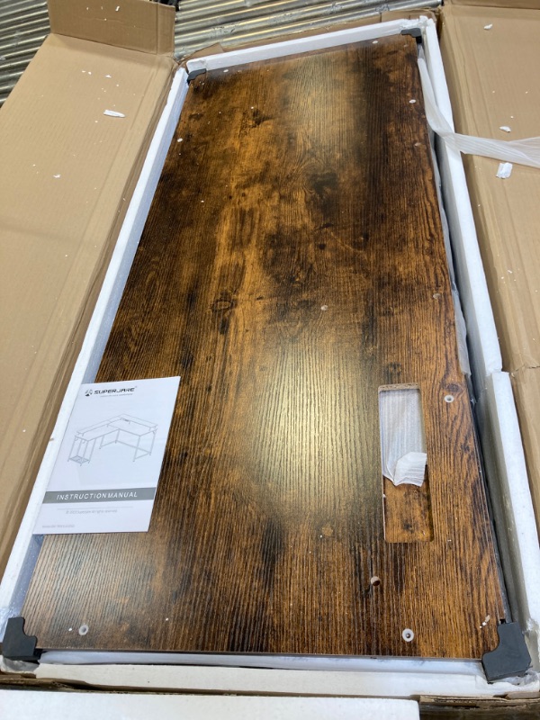 View 2 of SUPERJARE L Shaped Gaming Desk with Power Outlets & LED Lights, Computer Desk with Monitor Stand & Storage Shelf, Home Office Desk Corner Desk with Hooks, Rustic Brown