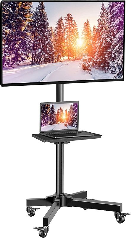 Photo 1 of Mobile TV Cart with Wheels for 23-60 Inch LCD LED OLED Flat Curved Screen Outdoor TVs Height Adjustable Shelf Trolley Floor Stand Holds up to 55lbs Movable Monitor Holder with Tray Max VESA 400x400mm black
