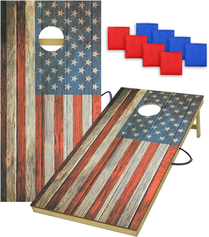 Photo 1 of  Solid Wood Cornhole Set, Flag Series Portable Cornhole Bean Bag Toss Game Set with Regulation Size Waterproof Cornhole Boards & 8 Bean Bags for Family Outdoor Backyard Games