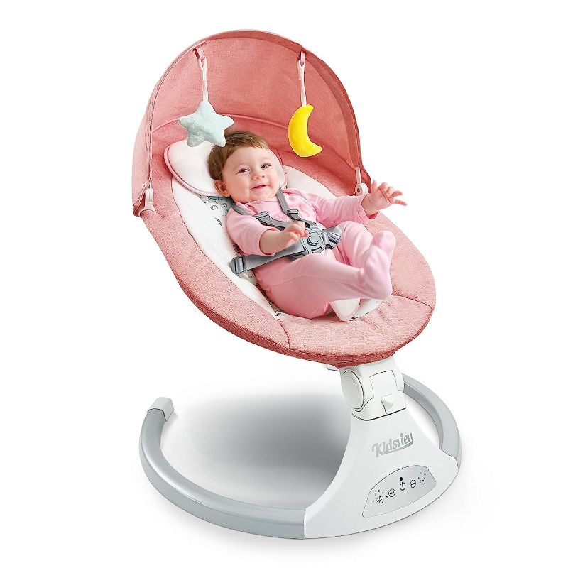 Photo 1 of Bluetooth Baby Swing for Infants, 5 Speed Bluetooth Baby Bouncer Music Speaker with 12 Preset Lullabies, Remote Control Indoor Baby Rocker with Touch Screen Chair for 5-20 lb, 0-9 Months (Pink)
