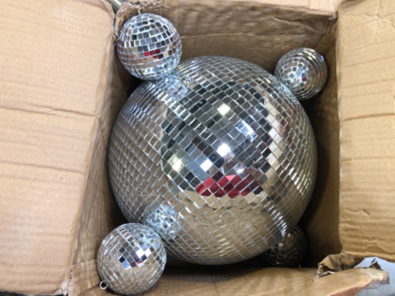 Photo 2 of 4 pack Large Disco Ball Silver Hanging Disco Balls Reflective Mirror Ball Ornament for Party Holiday Wedding Dance and Music Festivals Decor Club Stage Props DJ Decoration (12 Inch, 3 Inch)