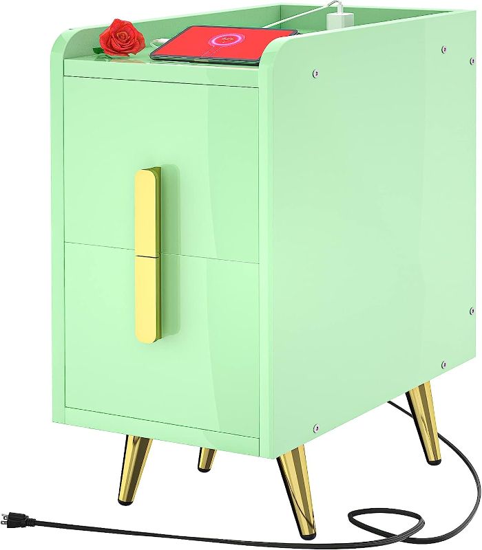 Photo 1 of Cyclysio Narrow Nightstand with Charging Station, Slim Night Stand with Smooth Rails, Small Bedside Table with 2 Brushed Handles, Skinny End Side Table for Small Spaces, Bedroom, Sofa Side, Pink
