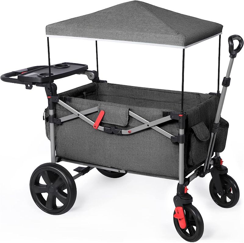 Photo 1 of EVER ADVANCED Foldable Wagons for Two Kids & Cargo, Collapsible Folding Wagon Stroller with Adjustable Handle Bar,Removable Canopy with 5-Point Harness,Black
