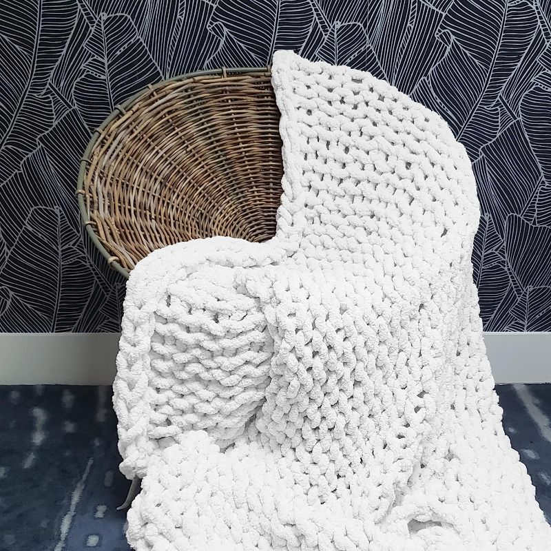 Photo 1 of Adyrescia Chunky Knit Blanket Throw | 100% Hand Knit with Jumbo Chenille Yarn (50"x60", Bright White)
