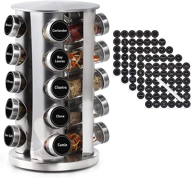 Photo 1 of  C Revolving Spice Rack with 20 Jars, Rotating Spice Rack Organizer, Seasoning Organizer with Labels, Stainless Steel Spice Carousel for Kitchen Countertop, Cabinet