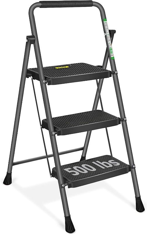 Photo 1 of 3 Step Ladder EFFIELER Folding Step Stool with Wide Anti-Slip Pedal, 500 lbs Sturdy Steel Ladder, Convenient Handgrip, Lightweight, Portable Steel Step Stool for Household, Kitchen,Office Step Ladder Matte Black 3-Step