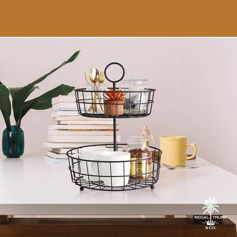 Photo 1 of 2 Tier Fruit Basket for Kitchen Regal Trunk & Co, Wire Fruit Organizer Bowl for Kitchen, Tiered Fruit Holder for Countertop or Hanging, Matt Brown Fruit stand in Metallic Frame Produce Holder
