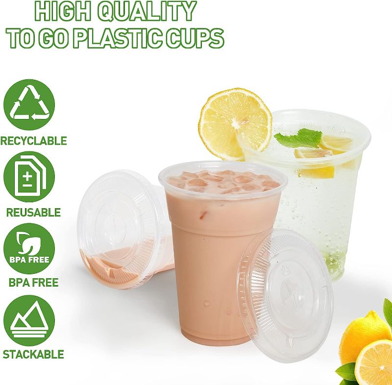 Photo 1 of [100 Pack] 12 oz Clear Plastic Cups with Flat Slotted Lids, Disposable Drinking Party Cups for Iced Cold Drinks Coffee Tea Smoothie Bubble Boba
