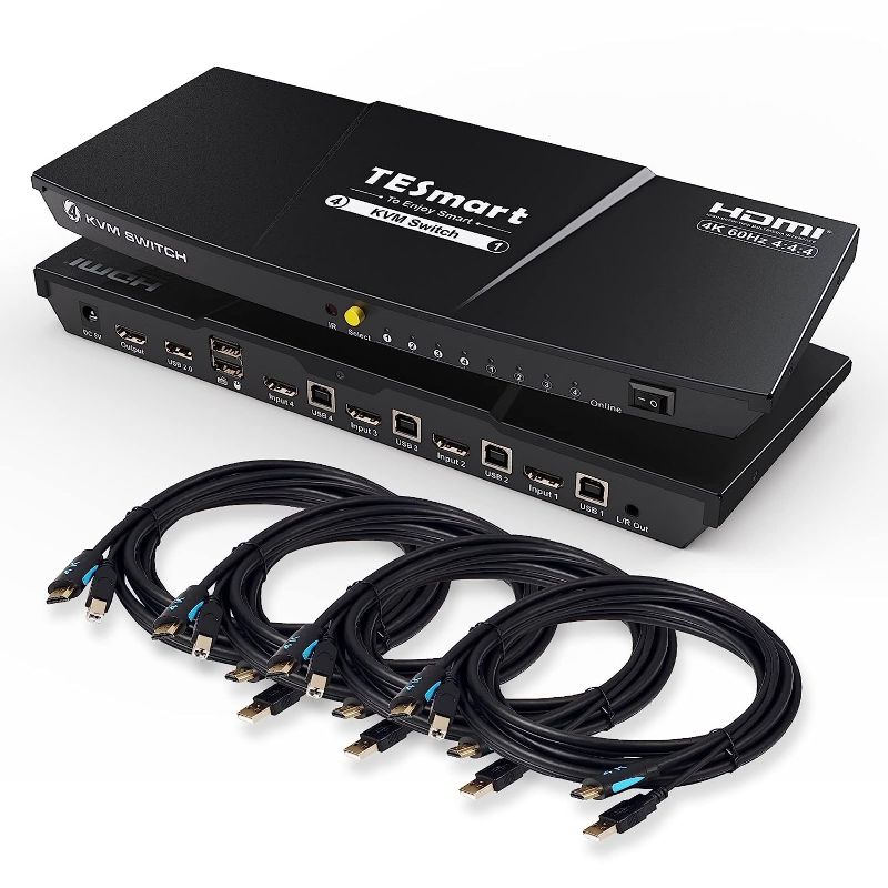 Photo 1 of TESmart HDMI KVM Switch 4 Port 4K@60Hz, KVM Switch 1 Monitor 4 Computers EDID Emulators, USB 2.0, L/R Audio, Hotkey Switch, Button Switch 
