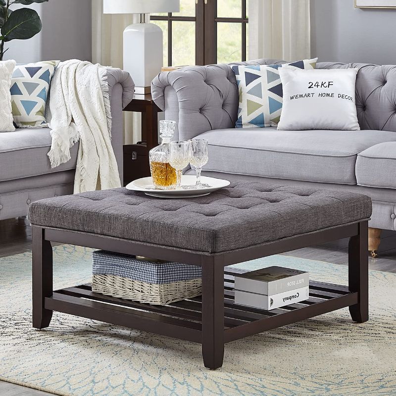 Photo 1 of 24KF Large Square Upholstered Tufted Linen Ottoman Coffee Table, Large Footrest Ottoman with Solid Wood Shelf-Dark Gray
