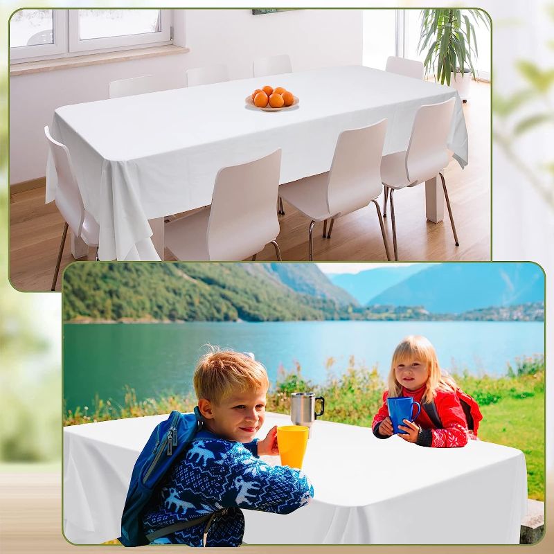 Photo 1 of 5 PACK White Plastic Tablecloth 54 x 108 Inch Plastic Table Cloth Disposable Tablecloths for Rectangle Tables White Plastic Cover for Table for Wedding Birthday Picnic Camping BBQ Indoor Outdoor Use