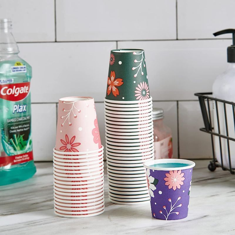 Photo 1 of 150 PACK 3 oz Paper Cups, Disposable Paper Bathroom Cups, Colorful Small Mouthwash Cups, Hot/Cold Drinking Cups for Party, Picnic,Travel and Events
