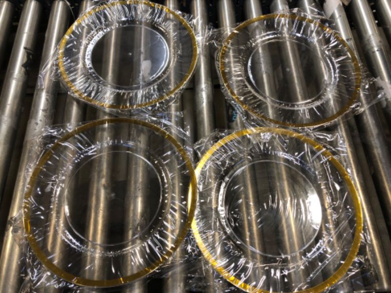 Photo 1 of 4 Pieces Clear Charger Plates 13 Inch Gold Rim Serving Plates Round Acrylic Dinner Chargers Decorative Plates for Home Kitchen Wedding Birthday Events Party Dinner Tabletop Decor Supplies