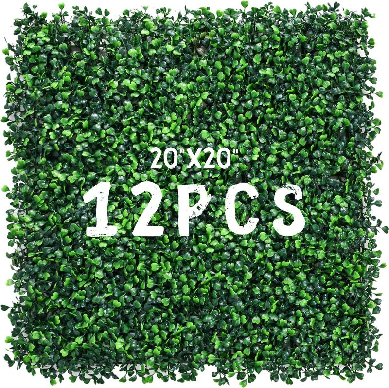 Photo 1 of 12 Pieces 20” X 20” Artificial Hedge Boxwood Panels with 400 Stitches Boxwood Hedge Grass Wall Green Greenery Plant Mats UV Stable for Indoor Outdoor Decor Garden Fence