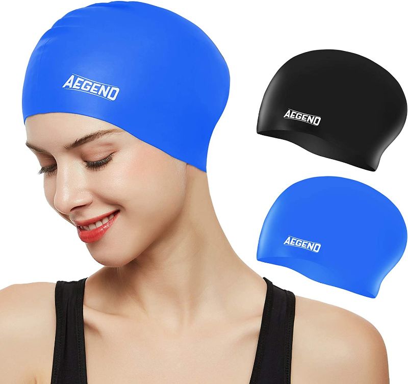 Photo 1 of Aegend Swim Caps for Long Hair, Black & Blue 