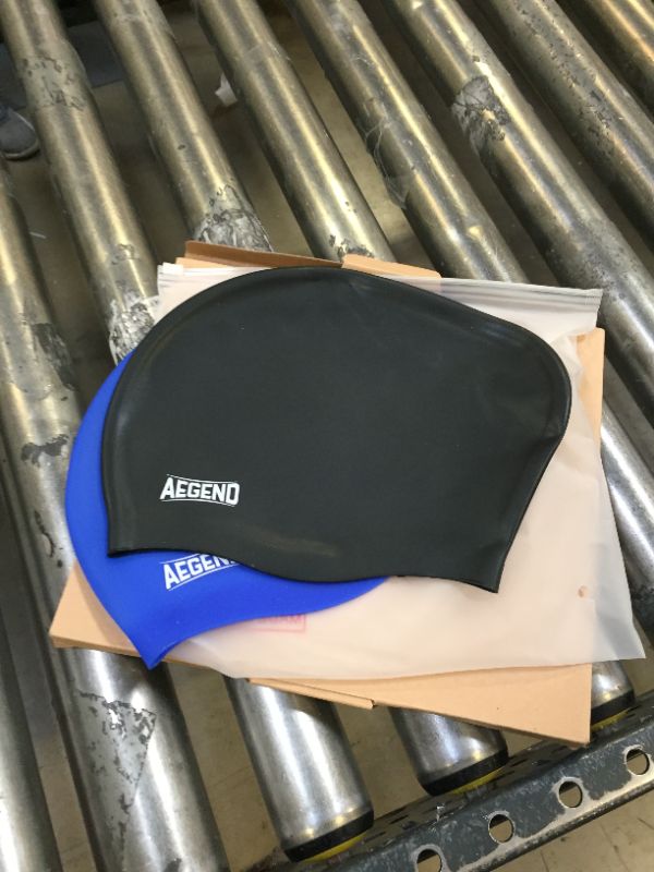 Photo 2 of Aegend Swim Caps for Long Hair, Black & Blue 