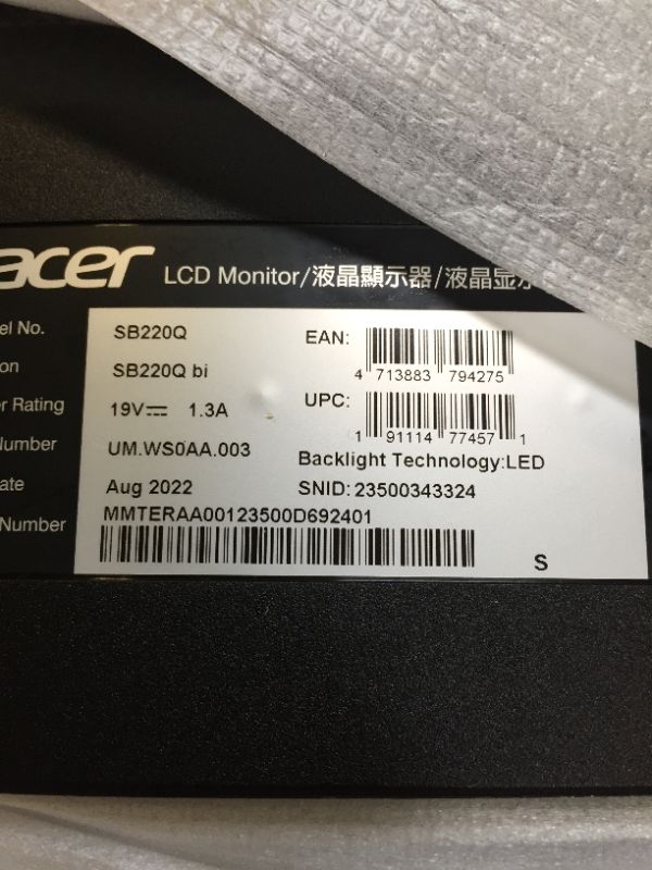 Photo 4 of Acer 21.5 Inch Full HD (1920 x 1080) IPS Ultra-Thin Zero Frame Computer Monitor (HDMI & VGA Port), SB220Q bi