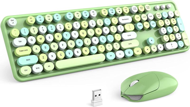 Photo 1 of MOFII Wireless Keyboard and Mouse Combo, 2.4GHz Wireless Retro Full Size Typewriter Keyboard with Number Pad & Wireless Mouse for Laptop, PC, Desktop, Mac, Windows - Green Colorful
