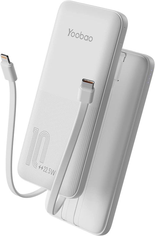 Photo 1 of Yoobao Portable Charger with Built-in Cables, PD 20W Fast Charging USB C Power Bank with 4 Outputs, 10000mAh Ultra Slim External Battery Pack for iPhone/iPad/Samsung/Tablet & More - 1 Pack (White)
