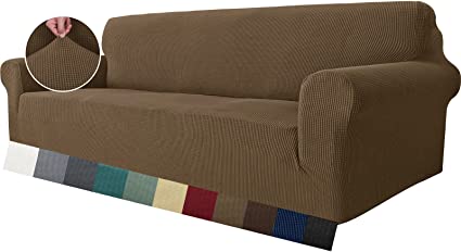 Photo 1 of  Super Stretch Couch Cover for 3 or 4 Cushion Couch, Extra Large Universal Sofa Covers Jacquard Spandex Pet Dog Furniture Protector Fitted Couch Slipcover (Oversized Sofa, Brown) 2PCS