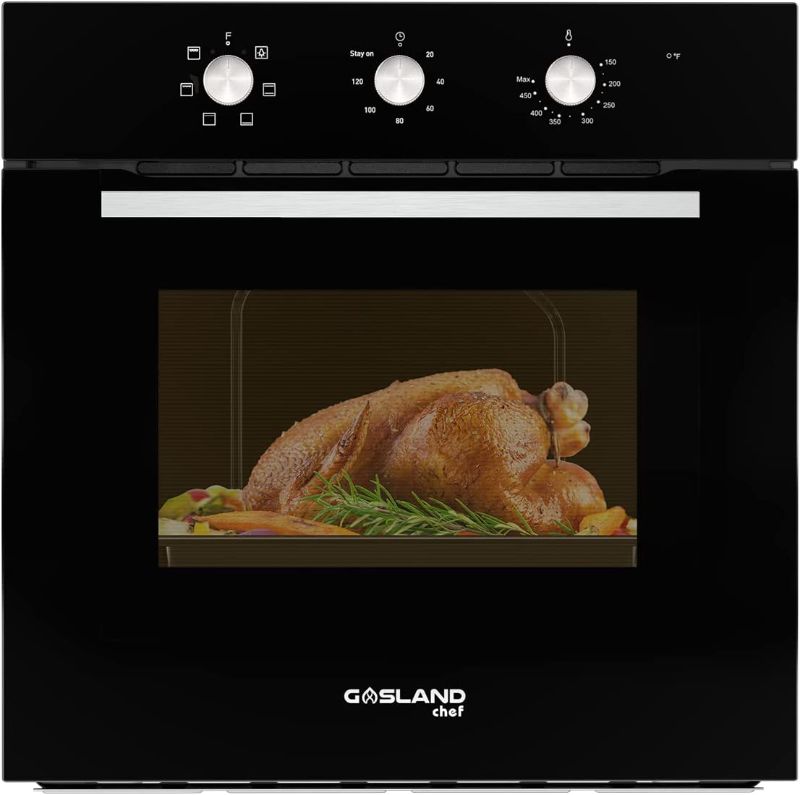 Photo 1 of 24'' Single Wall Oven, GASLAND Chef ES606MB 24 Inch Built-in Electric Ovens, 240V 2000W 2.3Cu.ft 6 Cooking Functions of Grill Conventional Timer etc. Mechanical Knobs Control, Black Glass
