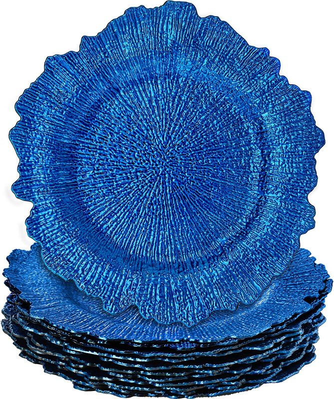 Photo 1 of 12 Pack Blue Charger Plates, 13" Plastic Reef Plate Chargers Bulk, Decorative Serving Plates with Flora Rim for Dinner, Wedding, Table Settings, Elegant Decor Place Setting