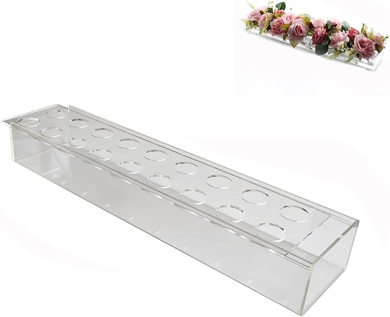 Photo 1 of Acrylic Flower Vase Rectangular, Floral Vases for Centerpieces, Extra Long Acrylic Vase with Holes for Flowers, Rectangular Floral Centerpiece for Dining Table (17.7 * 3.9 * 2.5inches/18 Holes)
