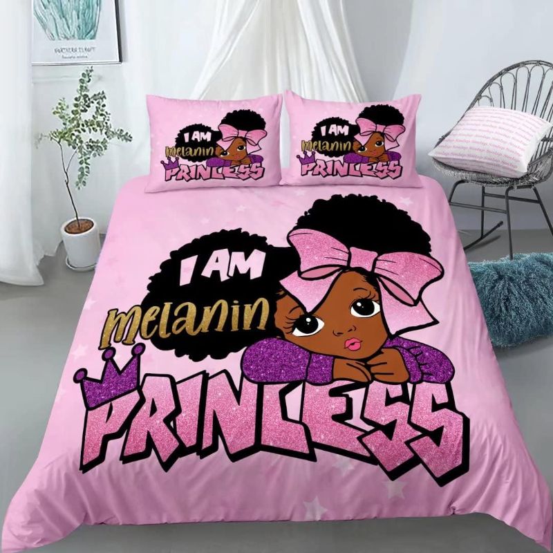 Photo 1 of African American Black Girl Duvet Cover Set,Black Girl Magic Bedding Set Twin Size,Cute Little Afro Black Princess Bed Comforter Cover Sets,Girl Bedroom Room Decor(1 Duve Cover +2 Pillowcases
