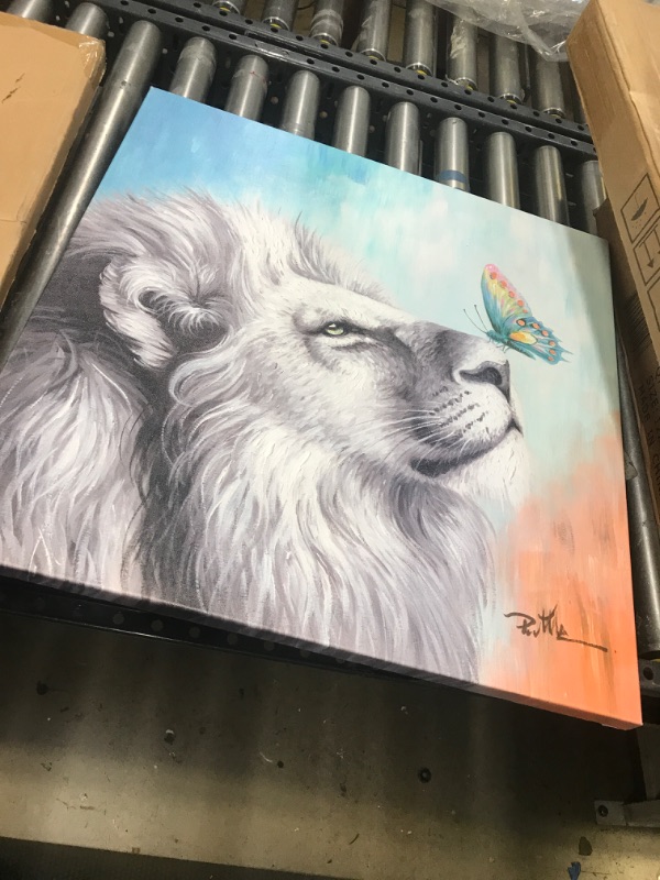 Photo 3 of ATELIYISHU White Lion and Colorful Butterfly Canvas Wall Art Animal Abstract Lion Pictures Print Giclee Lion Art Wall Decor for Bedroom Living Room Office Home Decoration 24"X24"
