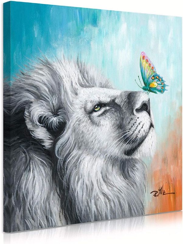 Photo 1 of ATELIYISHU White Lion and Colorful Butterfly Canvas Wall Art Animal Abstract Lion Pictures Print Giclee Lion Art Wall Decor for Bedroom Living Room Office Home Decoration 24"X24"
