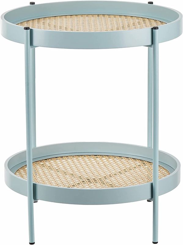 Photo 1 of ALPOME Rattan Round Metal End Table 2Tier 2layer Side Table Round Coffee Table for Sofa Living Room Bedroom BalconyTea Table Outdoor Indoor (Tiffany Blue)
