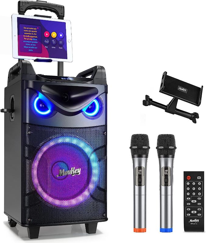 Photo 1 of Moukey Karaoke Machine with 2 UHF Wireless Microphones, Portable Bluetooth PA System Speaker, Lyrics Display Holder, Party Lights & Echo/Treble/Bass Adjustment Support TWS/REC/AUX/MP3/USB/TF/FM
