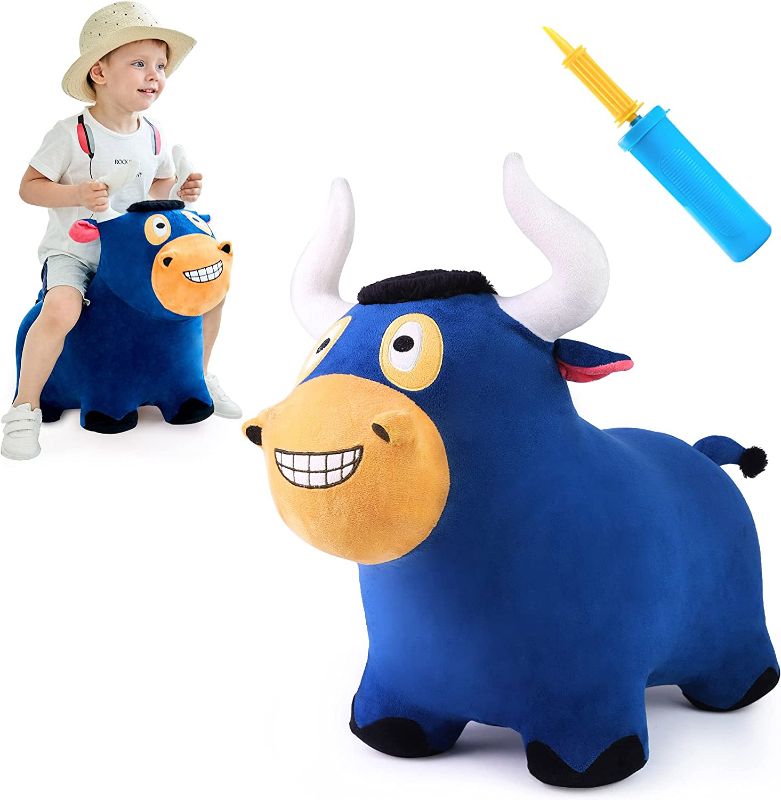 Photo 1 of iPlay, iLearn Bouncy Pals Bull Hopper Toy, Toddler Plush Bouncing Horse, Kids Inflatable Ride Farm Animal Bouncer W/Pump, Indoor Outdoor Hopping, Birthday Gift for 18 24 Month 2 3 4 Year Old Boy Girl
