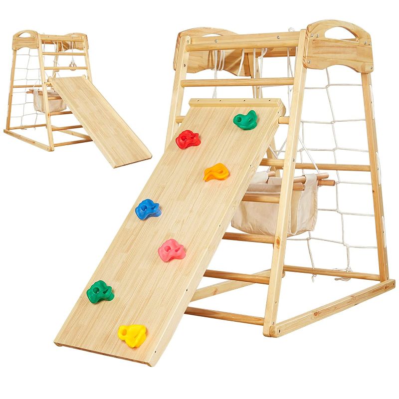 Photo 1 of FUNLIO 7-in-1 Wood Indoor Playground for Toddlers 2-5, Montessori Climbing Toys with Solid Pine Wood, Indoor Jungle Gym for Kids with Swing/Slide/Climbing Rock/Net/Ladder/Monkey Bars/Gymnastic Rings
