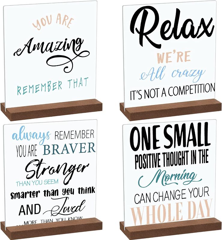 Photo 1 of 4 Pieces Inspirational Quotes Desk Decor Wood Block Plaque Positive Wooden Table Signs Decorative Wood Table Sign Centerpiece for Women Desk Office Decor Party Table Accessories (Classic Style)
