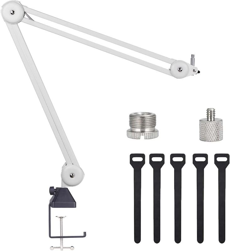 Photo 1 of KOMISON Microphone Arm Stand, Mic Arm Microphone Suspension Scissor Boom Stands Heavy Duty and Cable Ties for Blue Yeti Snowball for Gaming, Recording, Quadcast (MS-white)
